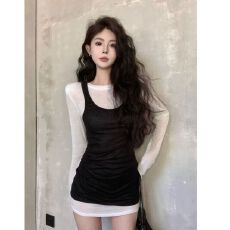 批发天丝<b class='q'>羊绒</b> 【带肩垫】性感纯欲微透垫肩长袖T恤女秋季中长款上衣