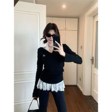 批发【原版做法 <b class='q'>莫代尔</b>人棉】长袖针织衫女早秋叠穿设计感黑色上衣