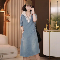 批发官图  高含棉牛仔连衣裙女2026夏季新款时尚蕾丝连帽中长款裙子潮