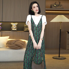 批发官图  复古时尚拼接连衣裙女2026夏季新款休闲显瘦气质中长款裙子