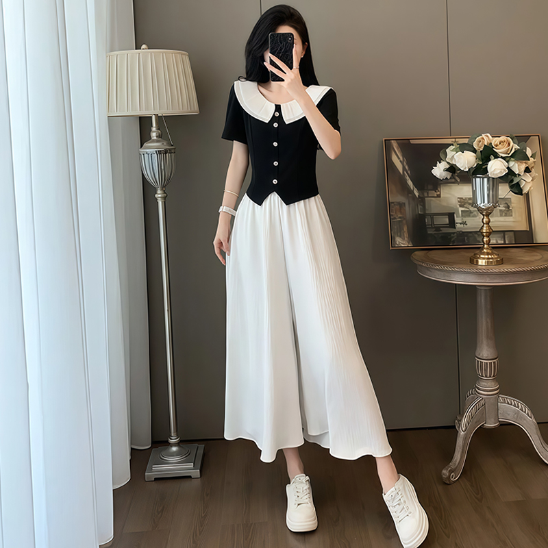 FA34244# 高级感套装女夏季新款娃娃领撞色上衣阔腿裙裤两件套潮 服裝批發女裝批發服飾貨源