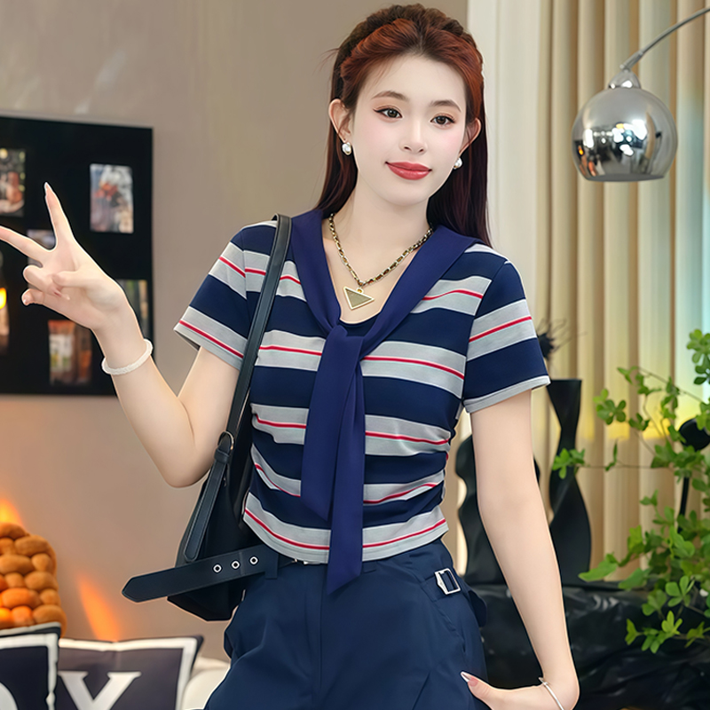 FA34243# 高含棉设计感撞色条纹短袖t恤女夏季新款小众显瘦上衣 服裝批發女裝批發服飾貨源