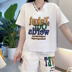 批发官图  纯棉小个子v领印花短袖t恤女2026夏季新款宽松显瘦百搭上衣