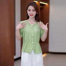 批发官图  法式镂空拼接短袖衬衫女2026夏季新款时髦减龄收腰显瘦上衣