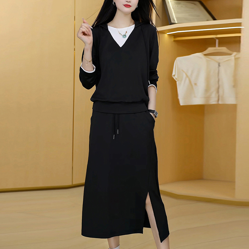 高含棉韩系休闲套装女秋季新款假两件上衣半身裙两件套 服裝批發女裝批發服飾貨源