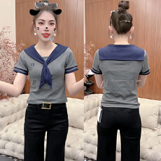 批发官图  纯棉小个子韩系海军领短袖t恤女202夏季新款时尚撞色上衣