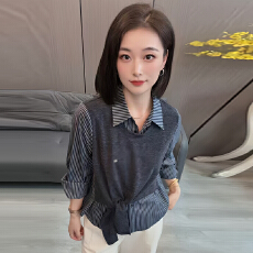 批发官图  <b class='q'>条纹</b>撞色设计感长袖<b class='q'>衬衫</b>女2026秋季新款洋气遮肉假两件上衣