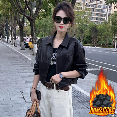 批发官图  时尚气质设计感长袖短款皮衣女2025冬季新款修身翻领外套潮