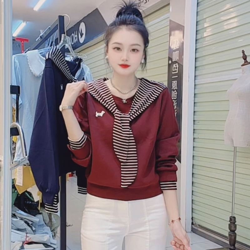 高含棉小个子时尚条纹拼接连帽卫衣女秋季新款修身上衣 服裝批發女裝批發服飾貨源