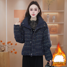 官图  时尚洋气立领格纹格子棉服女2025冬季新款加厚保暖棉袄外套