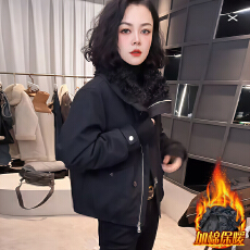 批发官图  高端气质百搭拼接毛领短外套女2025冬季新款遮肉开衫上衣潮