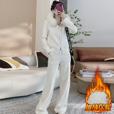 批发官图  时尚休闲套装女2025<b class='q'>秋</b>冬新款加绒毛领外套宽松阔腿裤两件套