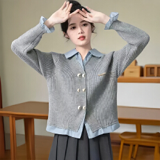 批发官图  法式时髦假两件拼接撞色<b class='q'>翻领</b>针织衫女2026春秋新款百搭上衣