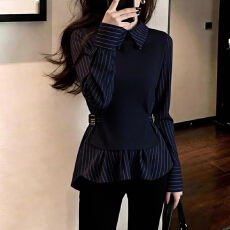 批发官图  巨好看气质御姐假两件条纹衬衫女2026春秋新款独特法式上衣