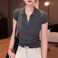 批发官图  韩版简约风polo领套头毛衣女2026春秋新款别致气质短袖T恤