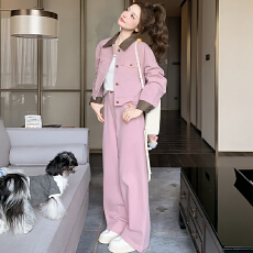 批发官图  甜美粉色休闲套装女2026春秋新款拼接<b class='q'>翻领</b>外套阔腿裤两件套