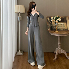 批发官图  韩系简约纯色套装女2026<b class='q'>春秋</b>新款小个子拉链外套长裤两件套