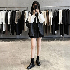 批发官图  时尚复古一整套<b class='q'>女</b>2026春秋新款<b class='q'>皮衣</b>马甲白色衬衫短裙三件套