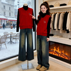 批发官图  极简风复古红色单排扣马夹女2026春秋新款叠穿<b class='q'>百搭</b>坎肩外搭