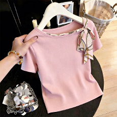 批发官图  法式设计感小众拼接系带短袖<b class='q'>T</b><b class='q'>恤</b>女2026夏季新款圆领针织衫