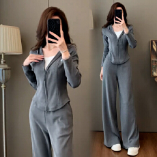 批发官图  韩系简约纯色套装女2026春秋新款小个子拉链外套长裤两件套