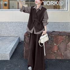 批发官图 通勤风休闲套装女2026春秋季新款条纹上衣马夹阔腿裤三件套