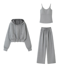 批发官图  高含棉休闲运动套装女2026春<b class='q'>秋</b>新款灰色外套背心长裤三件套