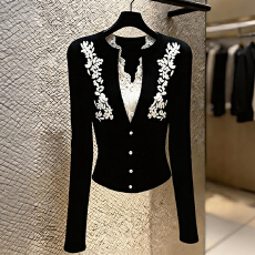 批发官图  2026新款春秋黑色复古拼接女装针织衫减龄<b class='q'>蕾丝</b>百搭高级上衣