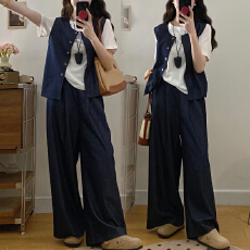 批发官图  小个子减龄百搭套装女2026夏季新款休闲上衣马夹长裤三件套