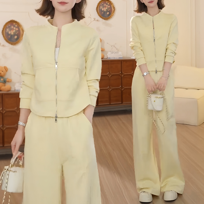 高含棉巨好看休闲套装女秋季新款拉链外套阔腿裤两件套 服裝批發女裝批發服飾貨源