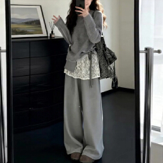 批发官图  2026春秋新款独特漂亮一整套<b class='q'>女</b>设计感上衣宽松阔腿裤<b class='q'>两件</b>套