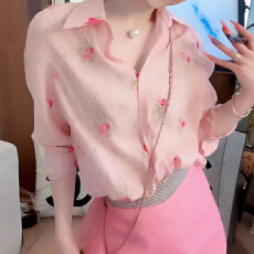 批发官图  通勤甜美碎花长袖<b class='q'>衬衫</b>女2026夏季新款洋气减龄烫钻翻领上衣