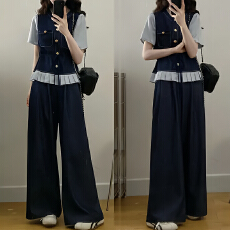 批发官图  通勤<b class='q'>时尚</b>套装女2026夏季新款拼接下摆牛仔T恤阔腿裤两件套