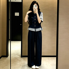 批发官图  通勤<b class='q'>时尚</b>套装女2026夏季新款拼接下摆牛仔T恤阔腿裤两件套