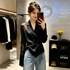 批发官图  通勤风长袖黑色<b class='q'>衬衫</b>女2026夏季新款设计感系带收腰显瘦上衣