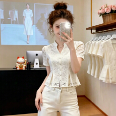 批发官图  超好看高级感钩花短袖<b class='q'>衬衫</b>女2026夏季新款时髦打底内搭上衣