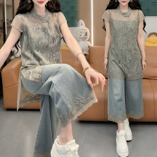 批发官图  时尚气质套装女2026<b class='q'>夏</b>季新款设计蕾丝修身上衣阔腿裤两件套