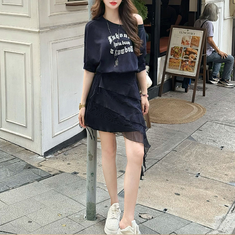 RY7636# 洋气时尚套装女2026夏季新款斜肩简约连衣裙纯色屁帘两件套
