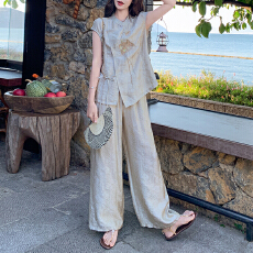 批发官图  <b class='q'>时尚</b>通勤风套装女2026年夏季绑带收腰短袖上衣阔腿裤两件套