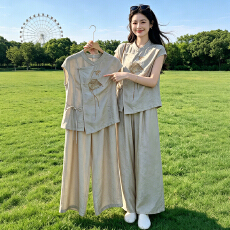 批发官图  <b class='q'>时尚</b>通勤风套装女2026年夏季绑带收腰短袖上衣阔腿裤两件套
