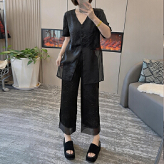 批发官图  2026夏季新款休闲套装<b class='q'>女</b>褶皱感拼接网纱衬衫百搭<b class='q'>长裤</b>两件套