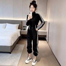 批发官图  2026夏季新款休闲运动套装女<b class='q'>时尚</b>条纹<b class='q'>外套</b>上衣束脚裤两件套