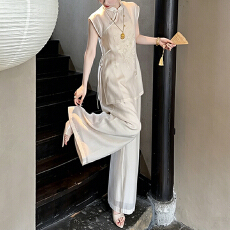 批发官图  中式<b class='q'>休闲</b><b class='q'>套装</b>女2026夏季新款刺绣斜扣无袖马甲阔腿裤两件套