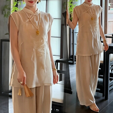 批发官图  中式<b class='q'>休闲</b><b class='q'>套装</b>女2026夏季新款刺绣斜扣无袖马甲阔腿裤两件套