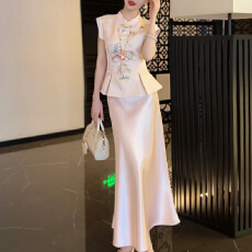 批发官图  中式国风半身裙两件套女2026夏季新款刺绣无袖收腰上衣套装