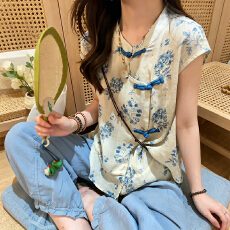 批发官图  2026夏季新款中式小茶服印花百搭木耳边阔腿八分裤两件套女