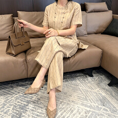批发官图  2026夏季新款通勤气质套装女条纹短袖上衣宽松休闲裤两件套