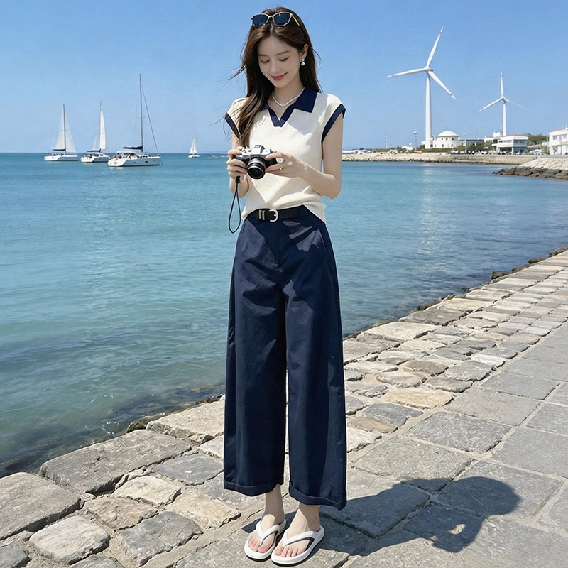 RY8082# 小众气质套装女2026夏季新款独特翻领修身上衣休闲裤两件套