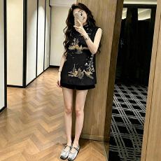批发官图   新中式套装女2026年夏季新款刺绣盘扣无袖上衣短裤两件套