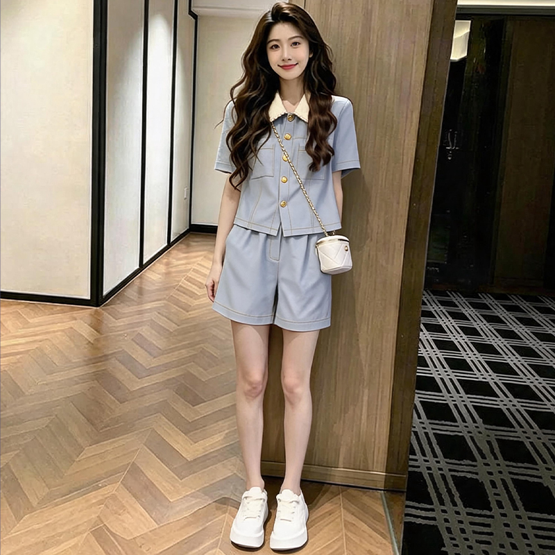 RY7631# 小个子洋气套装女2026夏季新款短袖翻领撞色衬衫短裤两件套